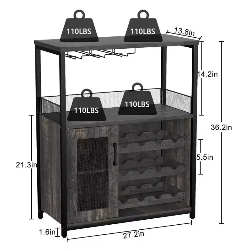 Cave à vin Whizmax avec grand espace de rangement et support amovible, petit buffet et meuble de rangement avec porte grillagée