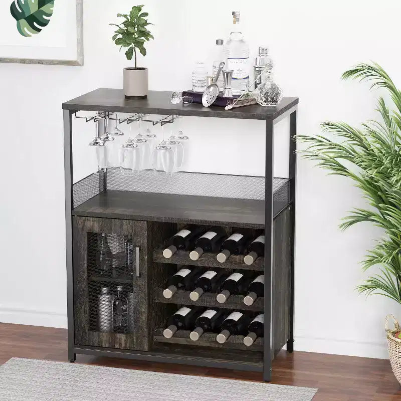 Cave à vin Whizmax avec grand espace de rangement et support amovible, petit buffet et meuble de rangement avec porte grillagée