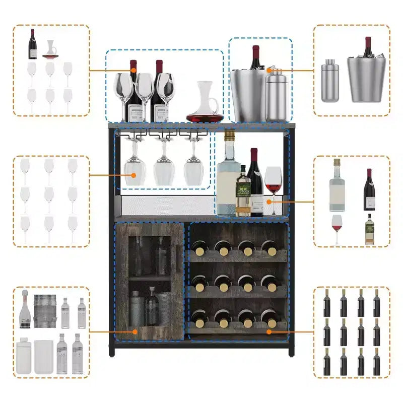 Cave à vin Whizmax avec grand espace de rangement et support amovible, petit buffet et meuble de rangement avec porte grillagée