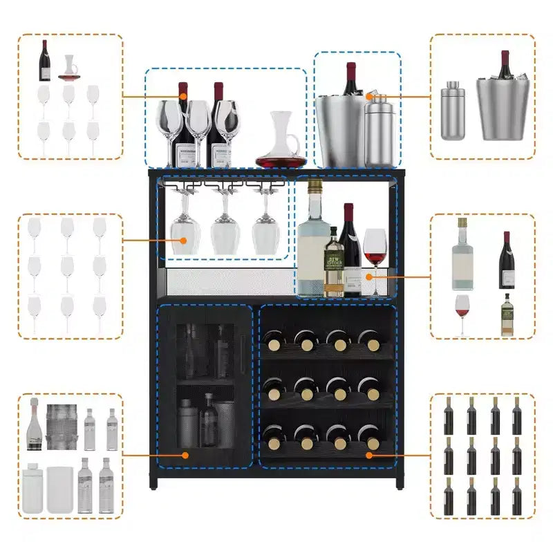 Cave à vin Whizmax avec grand espace de rangement et support amovible, petit buffet et meuble de rangement avec porte grillagée