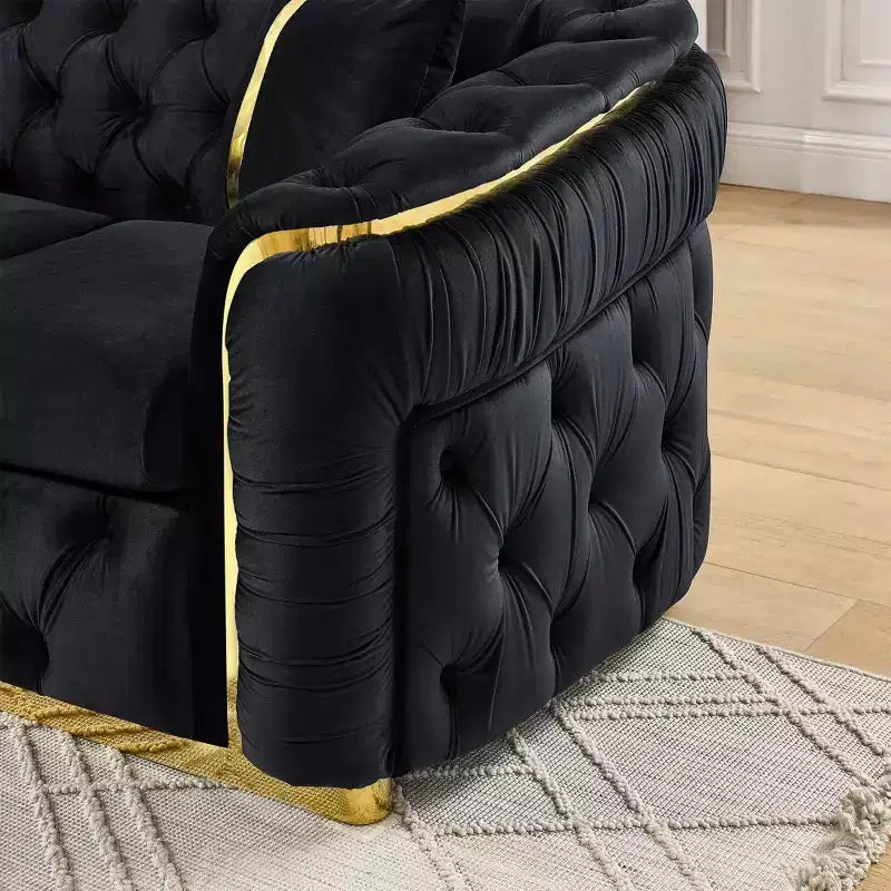Canapé Chesterfield luxueux en velours de 229 cm avec capitonnage, accents dorés et 2 coussins - Velours italien haut de gamme 280g pour salons élégants