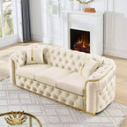 Canapé Chesterfield luxueux en velours de 229 cm avec capitonnage, accents dorés et 2 coussins - Velours italien haut de gamme 280g pour salons élégants
