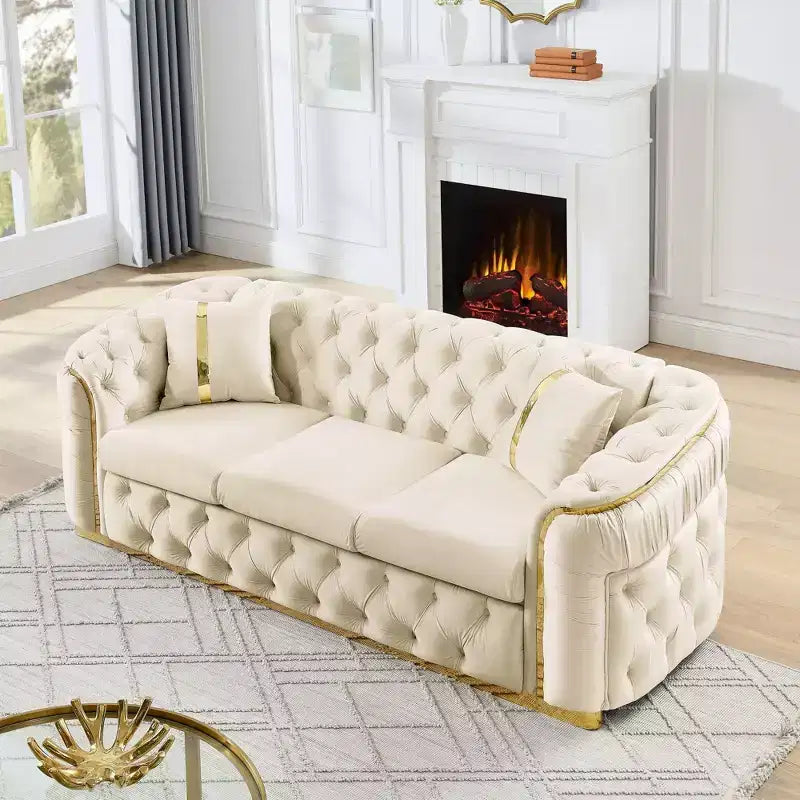 Canapé Chesterfield luxueux en velours de 229 cm avec capitonnage, accents dorés et 2 coussins - Velours italien haut de gamme 280g pour salons élégants