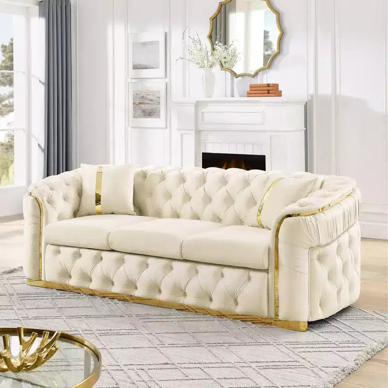 Canapé Chesterfield luxueux en velours de 229 cm avec capitonnage, accents dorés et 2 coussins - Velours italien haut de gamme 280g pour salons élégants