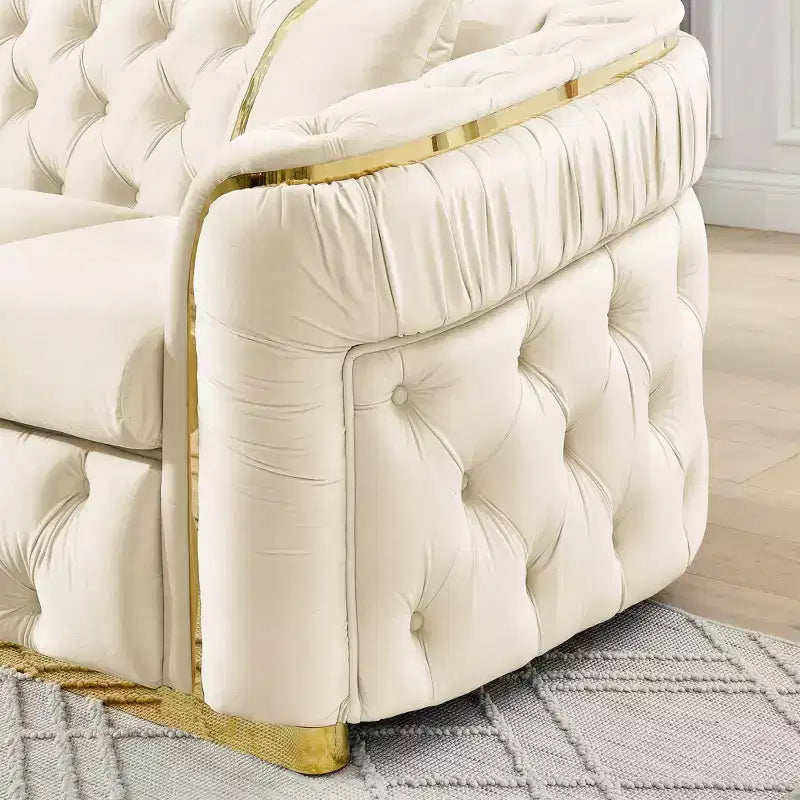 Canapé Chesterfield luxueux en velours de 229 cm avec capitonnage, accents dorés et 2 coussins - Velours italien haut de gamme 280g pour salons élégants