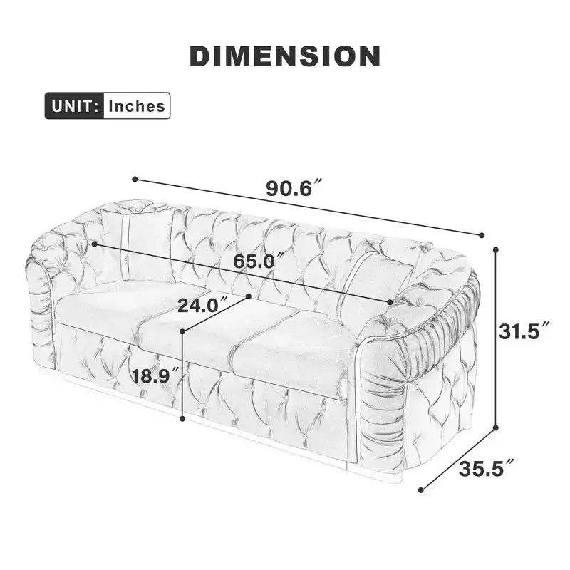 Canapé Chesterfield luxueux en velours de 229 cm avec capitonnage, accents dorés et 2 coussins - Velours italien haut de gamme 280g pour salons élégants