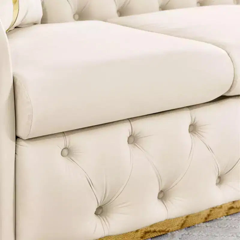 Canapé Chesterfield luxueux en velours de 229 cm avec capitonnage, accents dorés et 2 coussins - Velours italien haut de gamme 280g pour salons élégants
