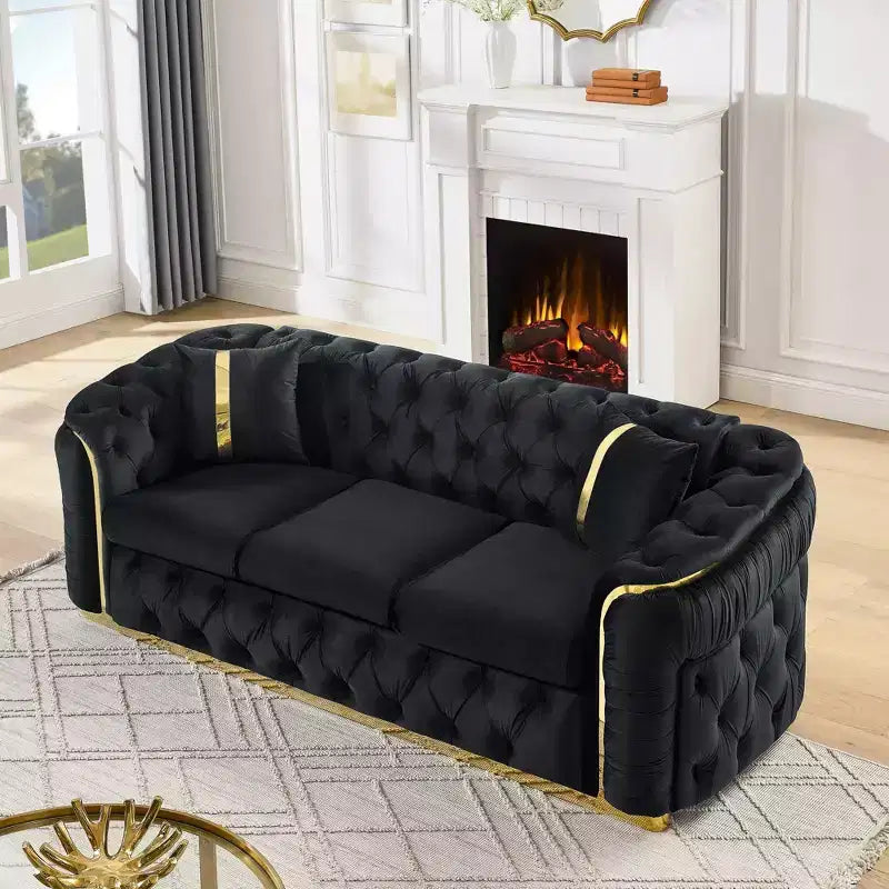 Canapé Chesterfield luxueux en velours de 229 cm avec capitonnage, accents dorés et 2 coussins - Velours italien haut de gamme 280g pour salons élégants