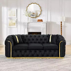 Canapé Chesterfield luxueux en velours de 229 cm avec capitonnage, accents dorés et 2 coussins - Velours italien haut de gamme 280g pour salons élégants