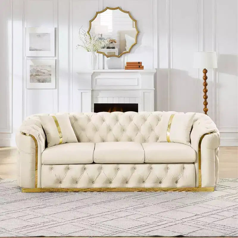 Canapé Chesterfield luxueux en velours de 229 cm avec capitonnage, accents dorés et 2 coussins - Velours italien haut de gamme 280g pour salons élégants