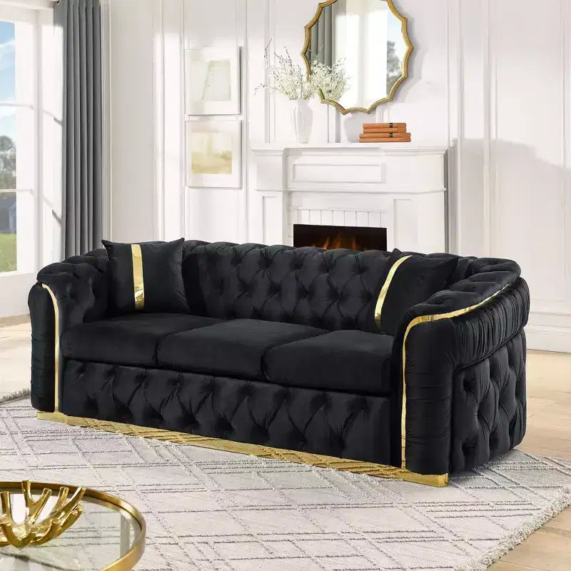 Luxurious 90.6 Inch Velvet Chesterfield Sofa with Button Tufting, Gold Accents, and 2 Pillows - Premium 280g Italian Velvet for Elegant Living Rooms