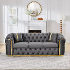 Canapé Chesterfield luxueux en velours de 229 cm avec capitonnage, accents dorés et 2 coussins - Velours italien haut de gamme 280g pour salons élégants