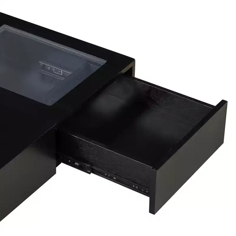 Table basse carrée avec plateau en verre trempé et vague et 3 tiroirs Table d'appoint de canapé en bois Table basse moderne, Noir/Marron-ModernLuxe