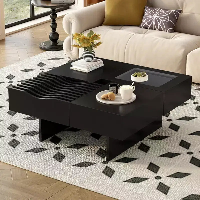 Table basse carrée avec plateau en verre trempé et vague et 3 tiroirs Table d'appoint de canapé en bois Table basse moderne, Noir/Marron-ModernLuxe