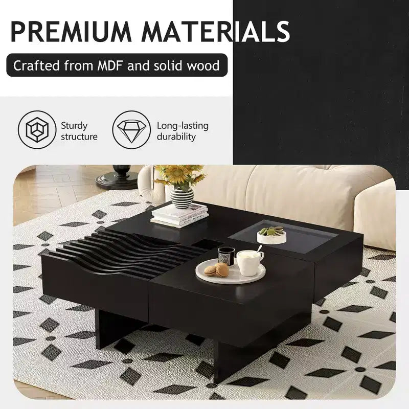 Table basse carrée avec plateau en verre trempé et vague et 3 tiroirs Table d'appoint de canapé en bois Table basse moderne, Noir/Marron-ModernLuxe