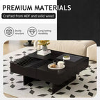 Table basse carrée avec plateau en verre trempé et vague et 3 tiroirs Table d'appoint de canapé en bois Table basse moderne, Noir/Marron-ModernLuxe