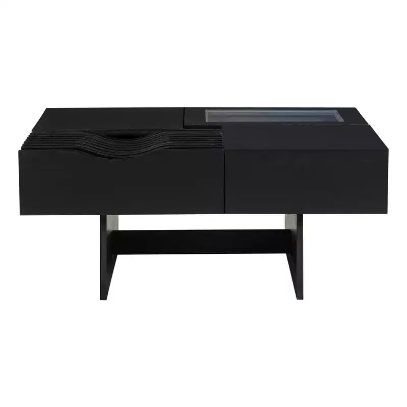 Table basse carrée avec plateau en verre trempé et vague et 3 tiroirs Table d'appoint de canapé en bois Table basse moderne, Noir/Marron-ModernLuxe