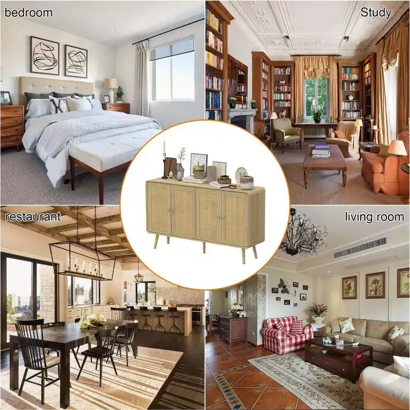 Famapy Boho - Armoire de Rangement d'inspiration bohème avec Portes en Rotin Tressé et Poignées Dorées - Polyvalente pour Chambre, Bureau, Restaurant et Salon