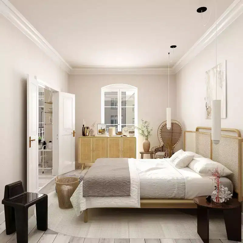 Famapy Boho - Armoire de Rangement d'inspiration bohème avec Portes en Rotin Tressé et Poignées Dorées - Polyvalente pour Chambre, Bureau, Restaurant et Salon