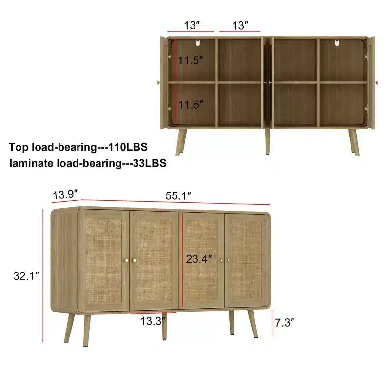 Famapy Boho - Armoire de Rangement d'inspiration bohème avec Portes en Rotin Tressé et Poignées Dorées - Polyvalente pour Chambre, Bureau, Restaurant et Salon
