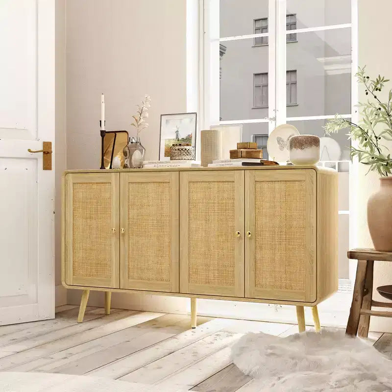 Famapy Boho - Inspired Storage Cabinet with Rattan - Woven Doors and Gold Handles - Versatile for Bedroom, Study, Restaurant & Living Room