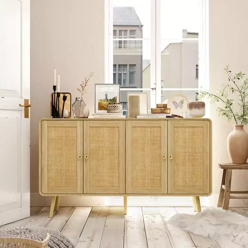 Famapy Boho - Armoire de Rangement d'inspiration bohème avec Portes en Rotin Tressé et Poignées Dorées - Polyvalente pour Chambre, Bureau, Restaurant et Salon
