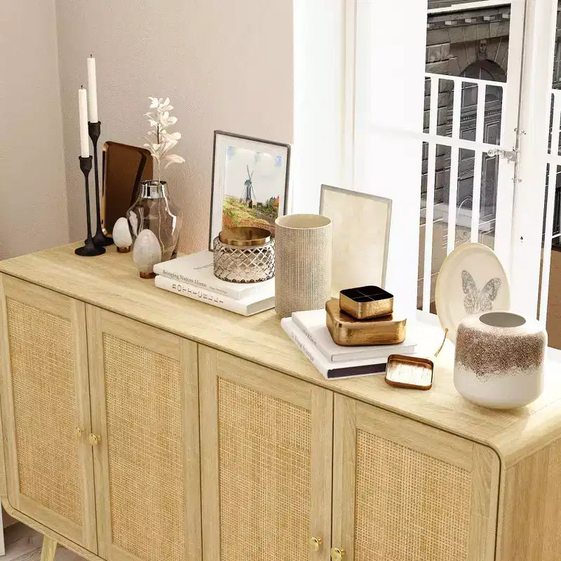 Famapy Boho - Armoire de Rangement d'inspiration bohème avec Portes en Rotin Tressé et Poignées Dorées - Polyvalente pour Chambre, Bureau, Restaurant et Salon