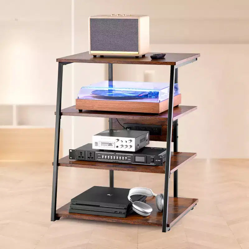 Meuble TV d'angle VEVOR à 4 niveaux avec multiprises, lumières LED et étagères en bois réglables en hauteur pour lecteurs DVD, Marron