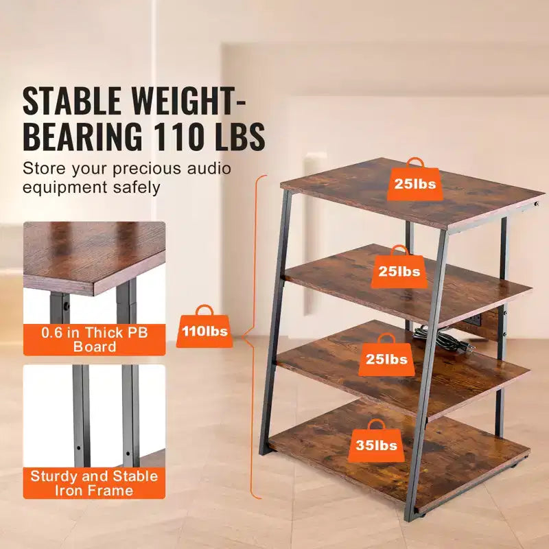Meuble TV d'angle VEVOR à 4 niveaux avec multiprises, lumières LED et étagères en bois réglables en hauteur pour lecteurs DVD, Marron