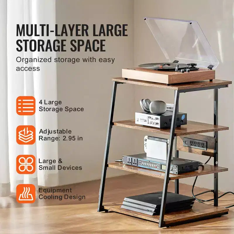 Meuble TV d'angle VEVOR à 4 niveaux avec multiprises, lumières LED et étagères en bois réglables en hauteur pour lecteurs DVD, Marron