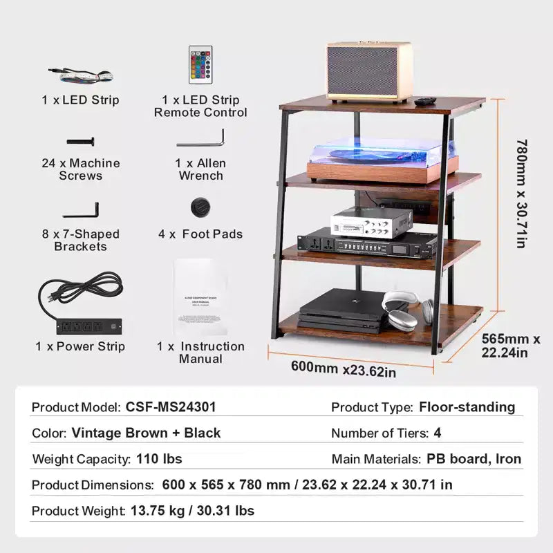 Meuble TV d'angle VEVOR à 4 niveaux avec multiprises, lumières LED et étagères en bois réglables en hauteur pour lecteurs DVD, Marron
