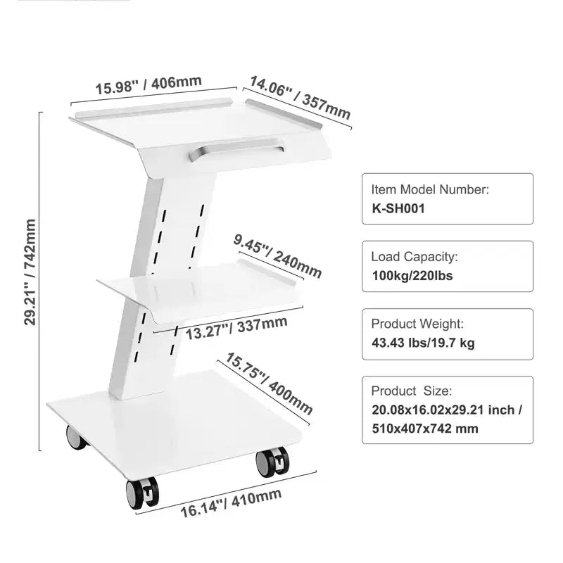 Chariot de laboratoire VEVOR, chariot de laboratoire roulant avec prise intégrée, chariot mobile métallique à 3 niveaux, chariot de clinique roulant, capacité de charge de 100 kg