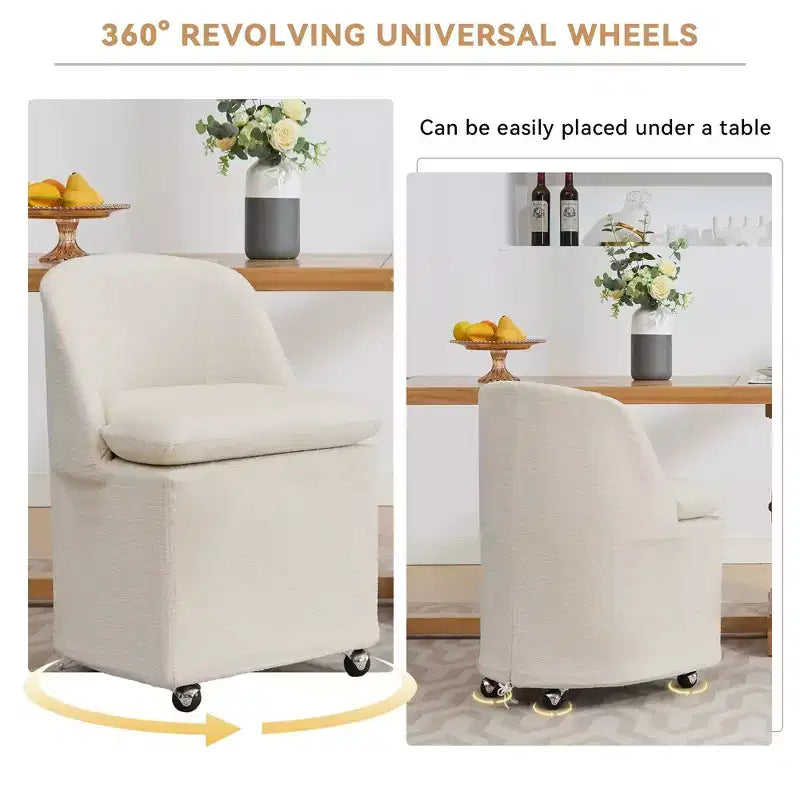 Lot de 2 chaises de salle à manger en tissu chenille avec roulettes universelles, beige