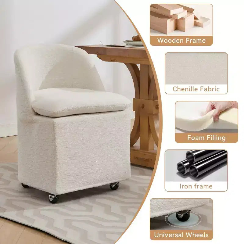 Lot de 2 chaises de salle à manger en tissu chenille avec roulettes universelles, beige