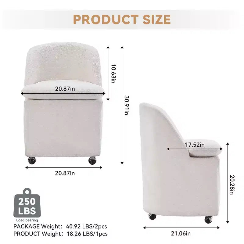 Lot de 2 chaises de salle à manger en tissu chenille avec roulettes universelles, beige
