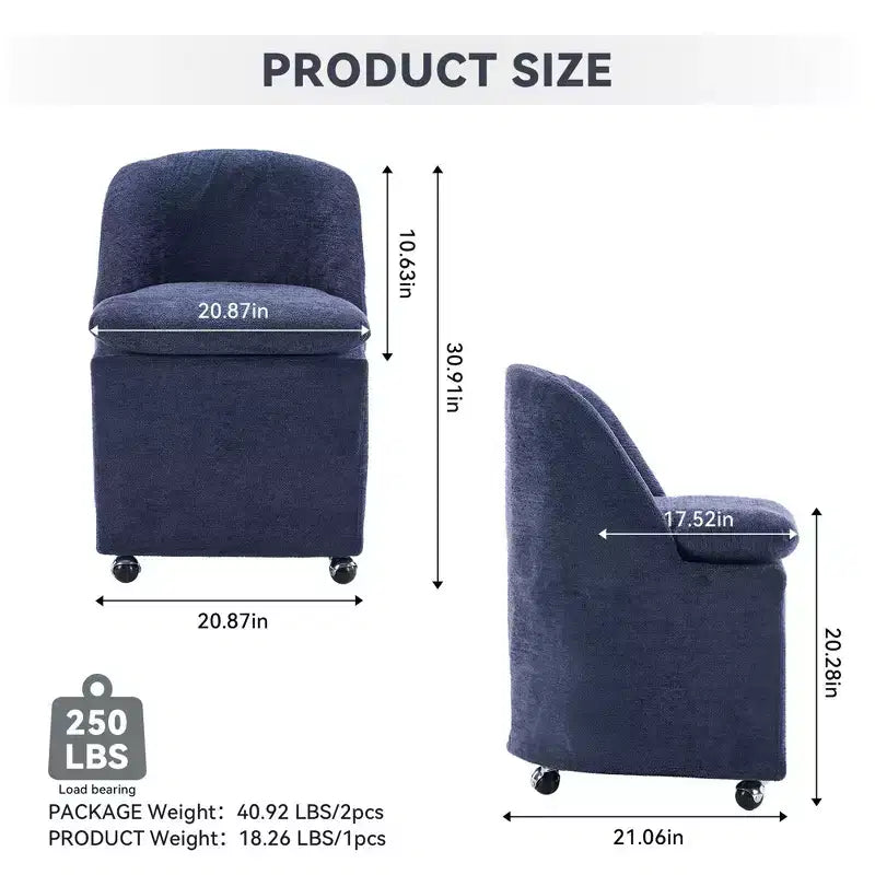 Lot de 2 chaises de salle à manger en tissu chenille avec roulettes universelles, beige