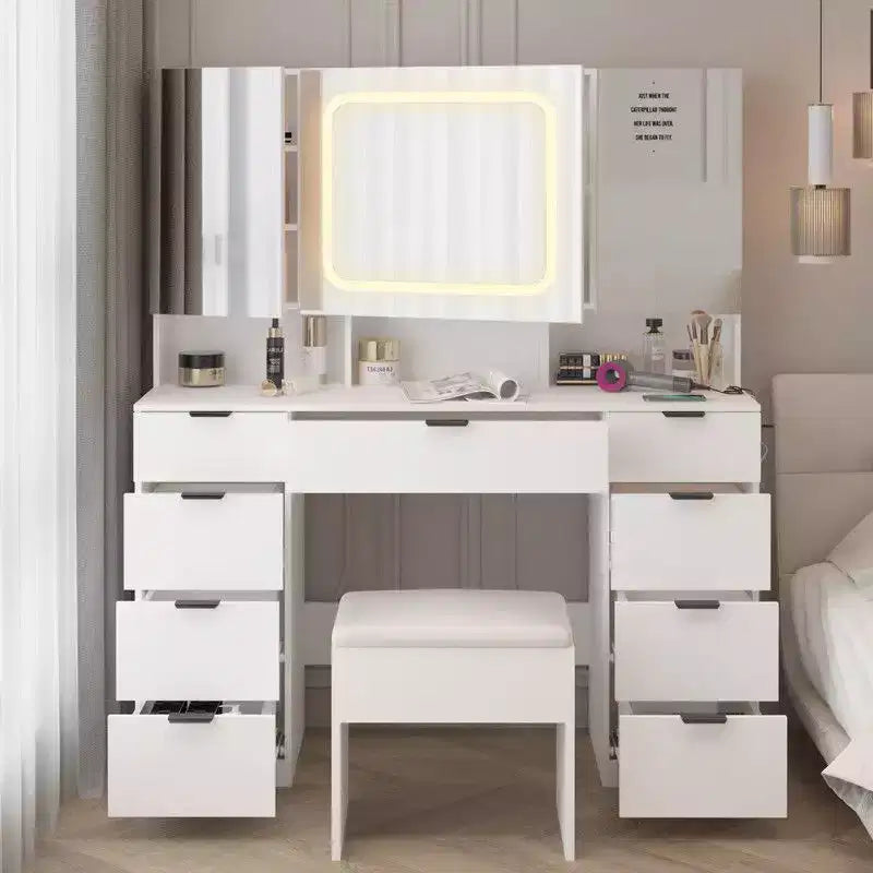 Karl Home | Grande coiffeuse avec 3 miroirs ouvrants et lumières LED