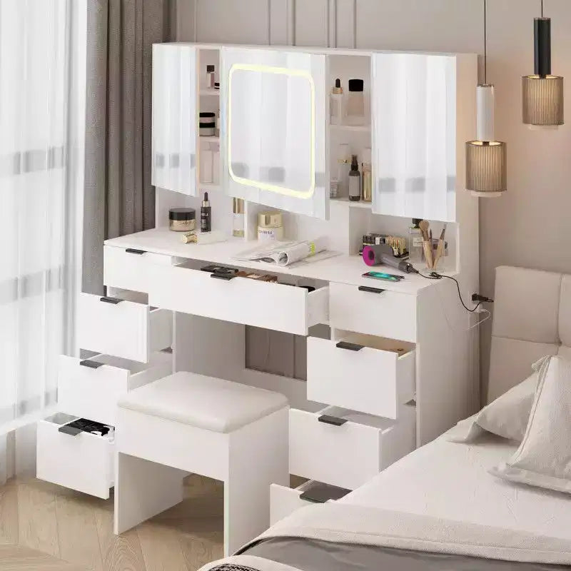 Karl Home | Grande coiffeuse avec 3 miroirs ouvrants et lumières LED
