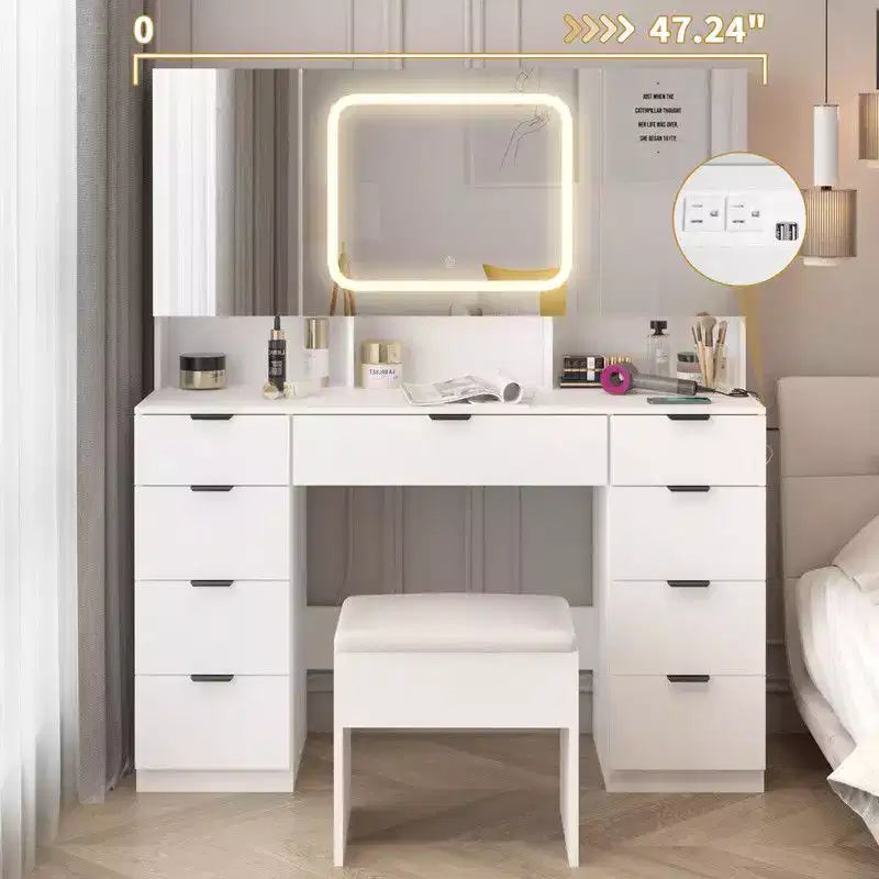 Karl Home | Grande coiffeuse avec 3 miroirs ouvrants et lumières LED