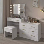 Karl Home | Grande coiffeuse avec miroir lumineux, tiroirs et rangement