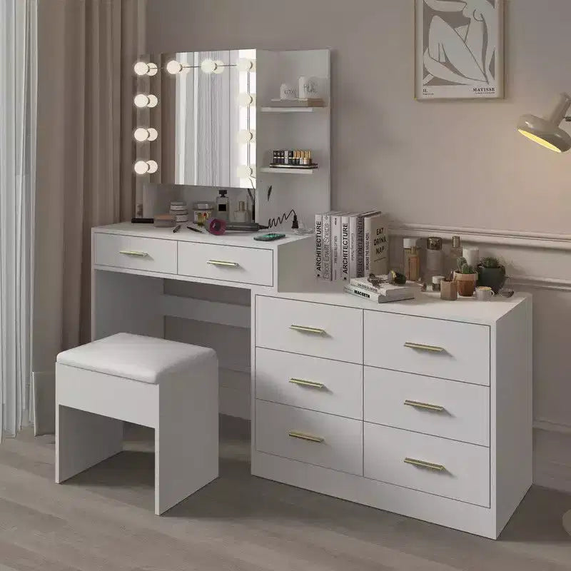 Karl Home | Grande coiffeuse avec miroir lumineux, tiroirs et rangement