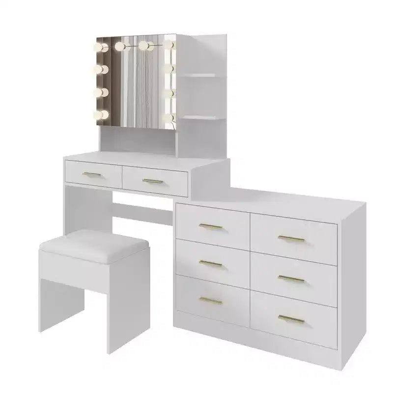 Karl Home | Grande coiffeuse avec miroir lumineux, tiroirs et rangement