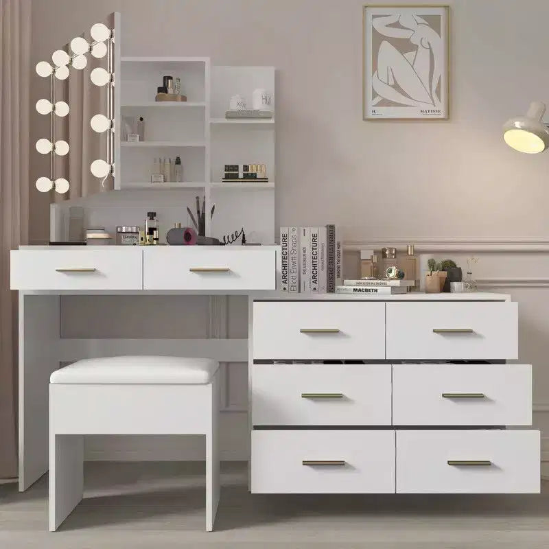 Karl Home | Grande coiffeuse avec miroir lumineux, tiroirs et rangement