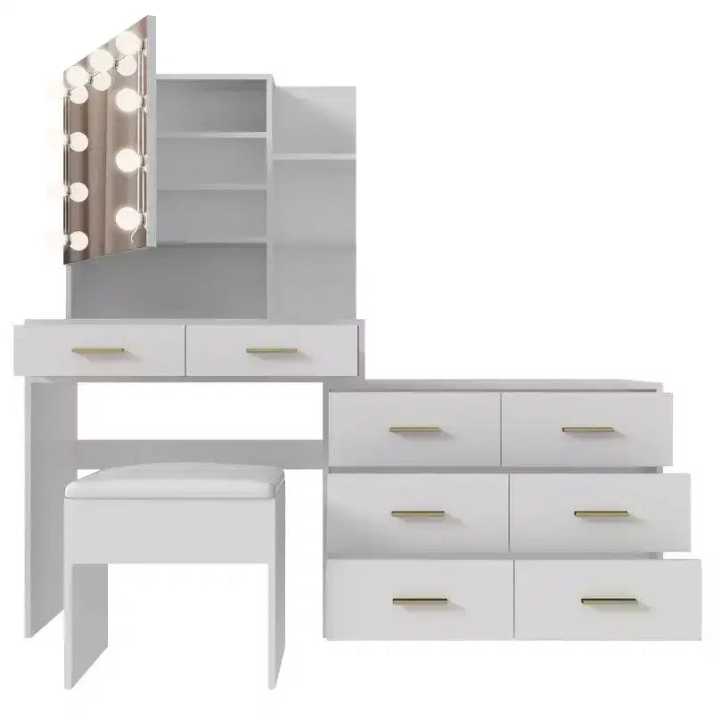 Karl Home | Grande coiffeuse avec miroir lumineux, tiroirs et rangement