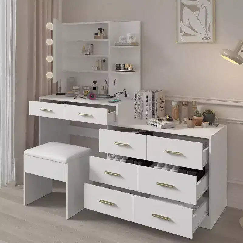 Karl Home | Grande coiffeuse avec miroir lumineux, tiroirs et rangement