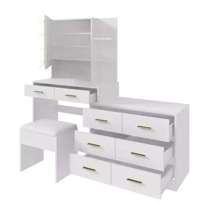 Karl Home | Grande coiffeuse avec miroir lumineux, tiroirs et rangement