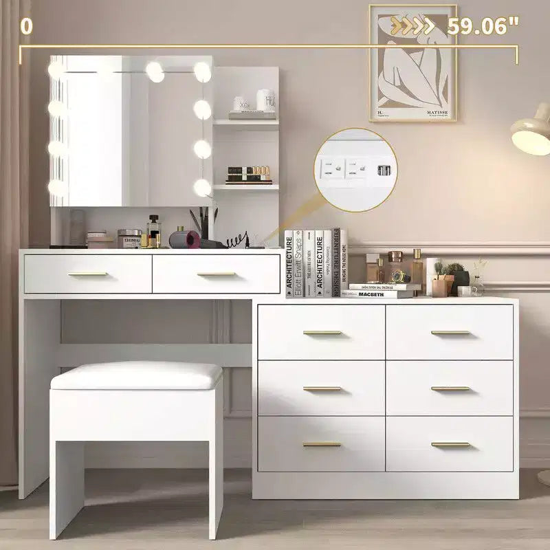 Karl Home | Grande coiffeuse avec miroir lumineux, tiroirs et rangement