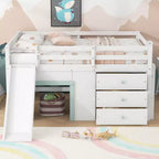Lit mezzanine bas GDFStudio Sebastian en bois massif, taille double, avec toboggan et tiroirs