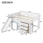 Lit mezzanine bas GDFStudio Sebastian en bois massif, taille double, avec toboggan et tiroirs