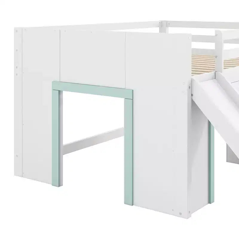 Lit mezzanine bas GDFStudio Sebastian en bois massif, taille double, avec toboggan et tiroirs